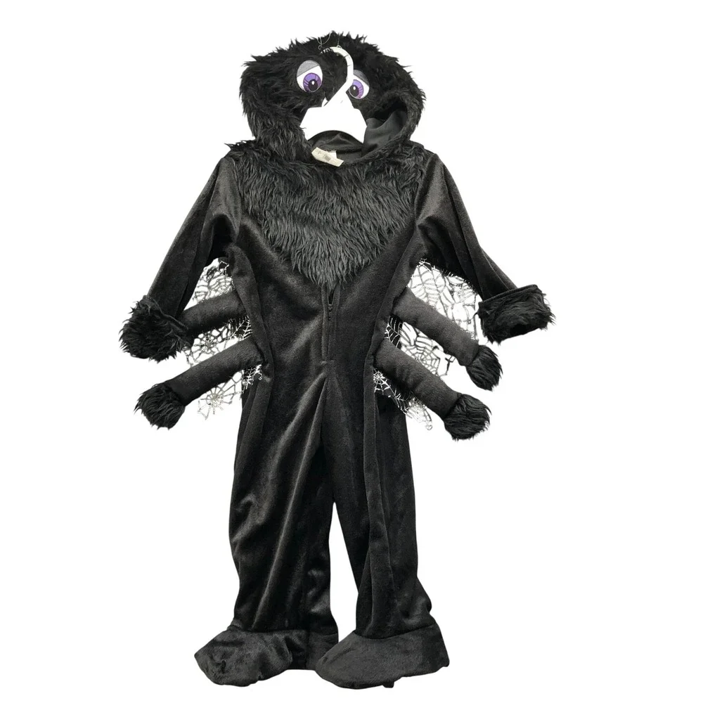 Baby Kids 6-12M Spider Jumpsuit Halloween Costume Black Plush Webbing Hooded